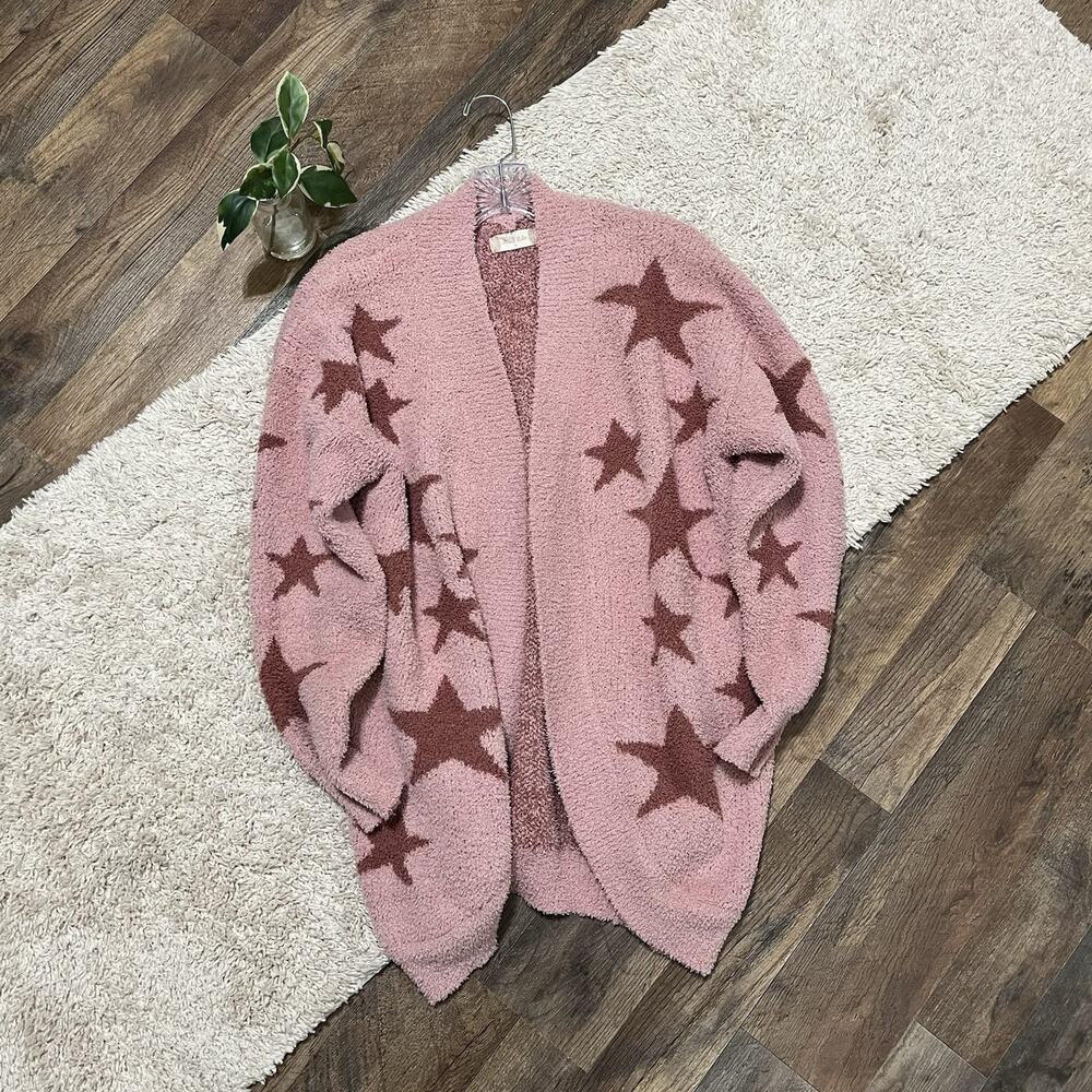 Altar'd State Medium Pink Teddy Open Front Star Print Chunky Cardigan Sweater